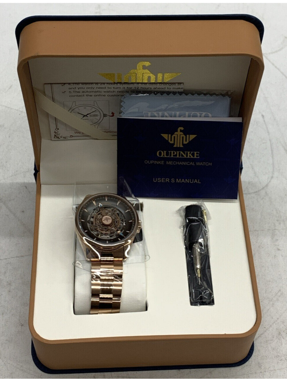 OUPINKE Wrist Watch for Men Skeleton Self Winding Mechanical Automatic Luxury